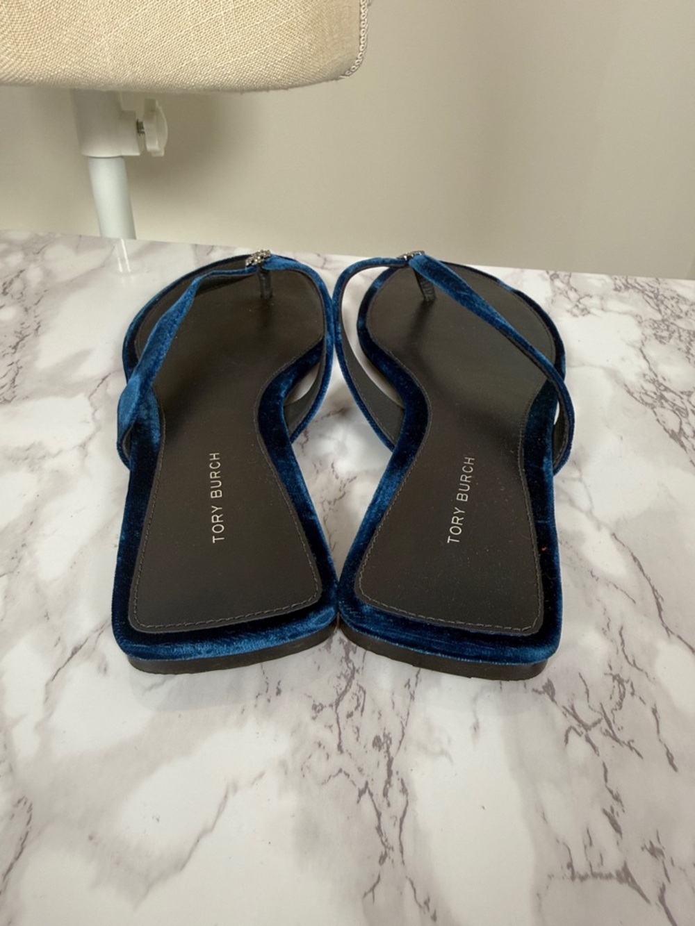 Tory Burch Blue Velvet Thong Sandals with Logo Accent - Picture 5 of 9